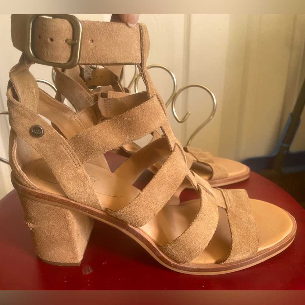 UGG Genuine Leather Suede Open-Toe Heeled Sandals | Size 8